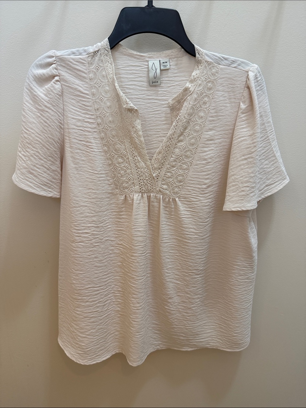 Joie Cream Lace-Trim V-Neck Short Sleeve Top